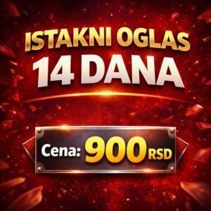 Istakni oglas na 7 dana i povećajte vidljivost proizvoda ili usluge. Oglas se prikazuje na prvoj strani sajta uz poseban okvir i više pregleda.