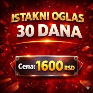 Istakni oglas 30 dana i povećajte vidljivost proizvoda ili usluge. Oglas se prikazuje na prvoj strani sajta uz poseban okvir i više pregleda.