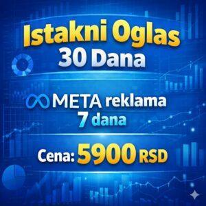 Digitalni paket promocije koji uključuje istaknuti oglas 30 dana na prvoj strani sajta i 7 dana META reklame za veću vidljivost i više upita.