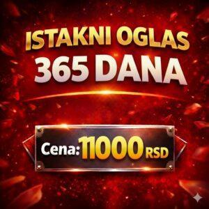 Istakni oglas 365 dana i povećajte vidljivost proizvoda ili usluge. Oglas se prikazuje na prvoj strani sajta uz poseban okvir i više pregleda.