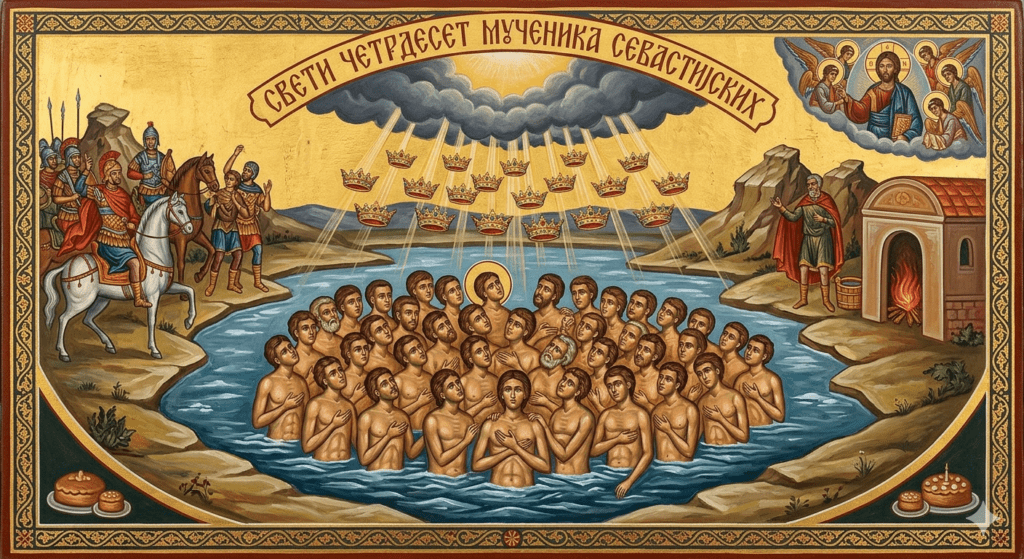 Pravoslavna ikona Svetih četrdeset mučenika sevastijanskih sa motivima praznika Mladenci, mladenčićima i simbolima braka.