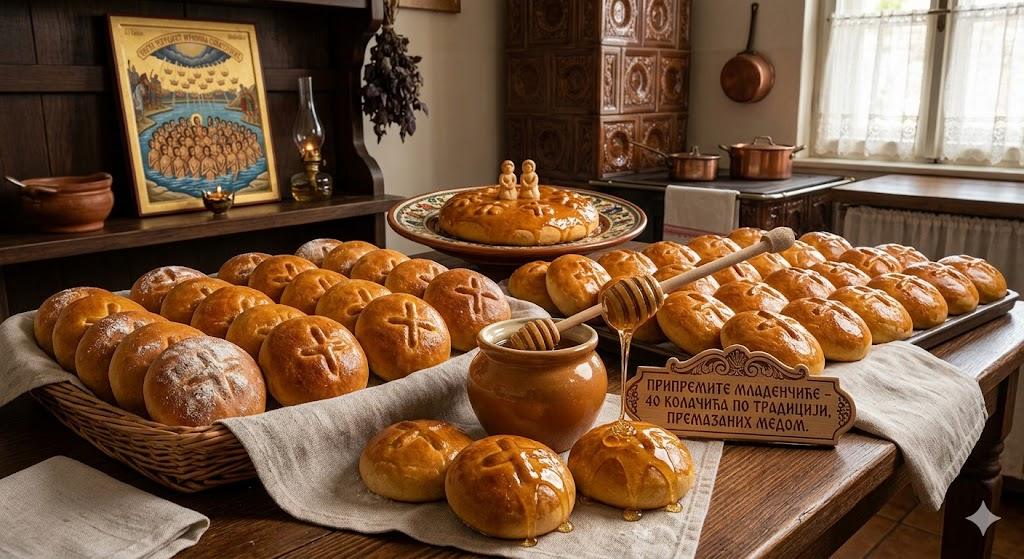 Gomila pečenih mladenčića, tradicionalnih srpskih kolačića za praznik Mladenci, poslaganih na stolu pored činije meda i drvene kašike za doziranje.