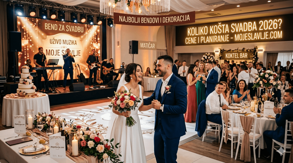 Koliko košta svadba u 2026. Infografika troškova venčanja u Srbiji za 2026. godinu sa prikazom sale, benda, dekoracije i torte na portalu MojeSlavlje.