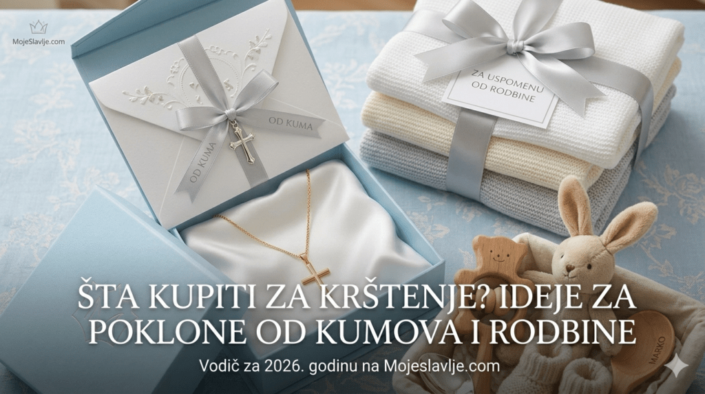 Moderni pokloni za krštenje u 2026. godini: zlatni krstić u kutiji, koverta sa posvetom od kuma i bebi oprema na svetloj pozadini – portal Moje Slavlje.