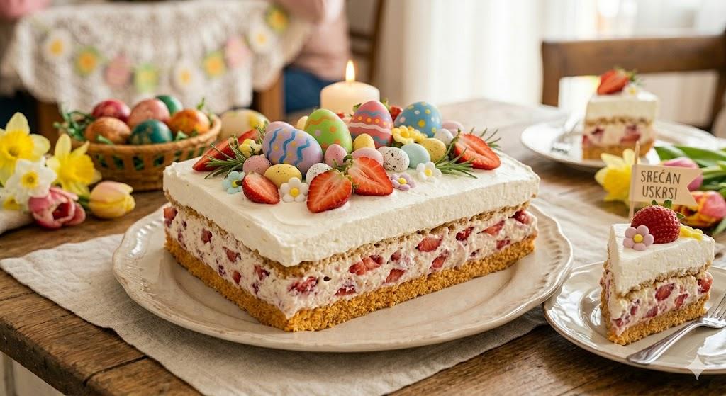 voćna torta za Uskrs sa jagodama i keksom