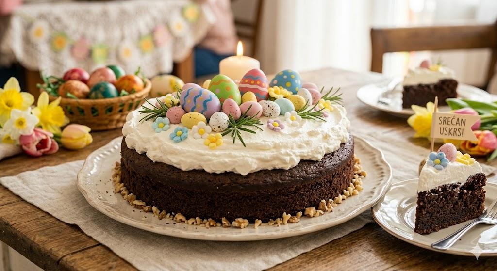 čokoladna torta za Uskrs sa šlagom i čokoladnim jajima